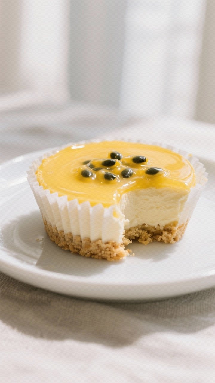 Close-up detail: A just-chilled mini cheesecake still in its paper liner, glossy lilikoi (passion fr