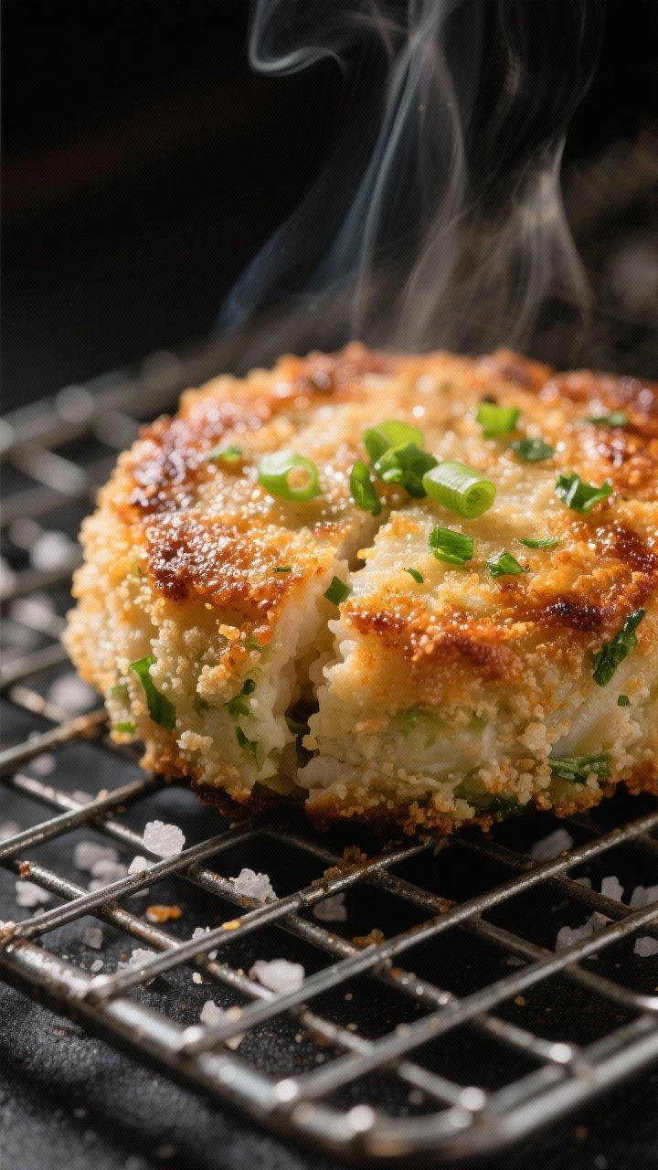 Close-up detail: A just-seared wasabi crab cake resting on a wire rack, crisp panko crust glistening