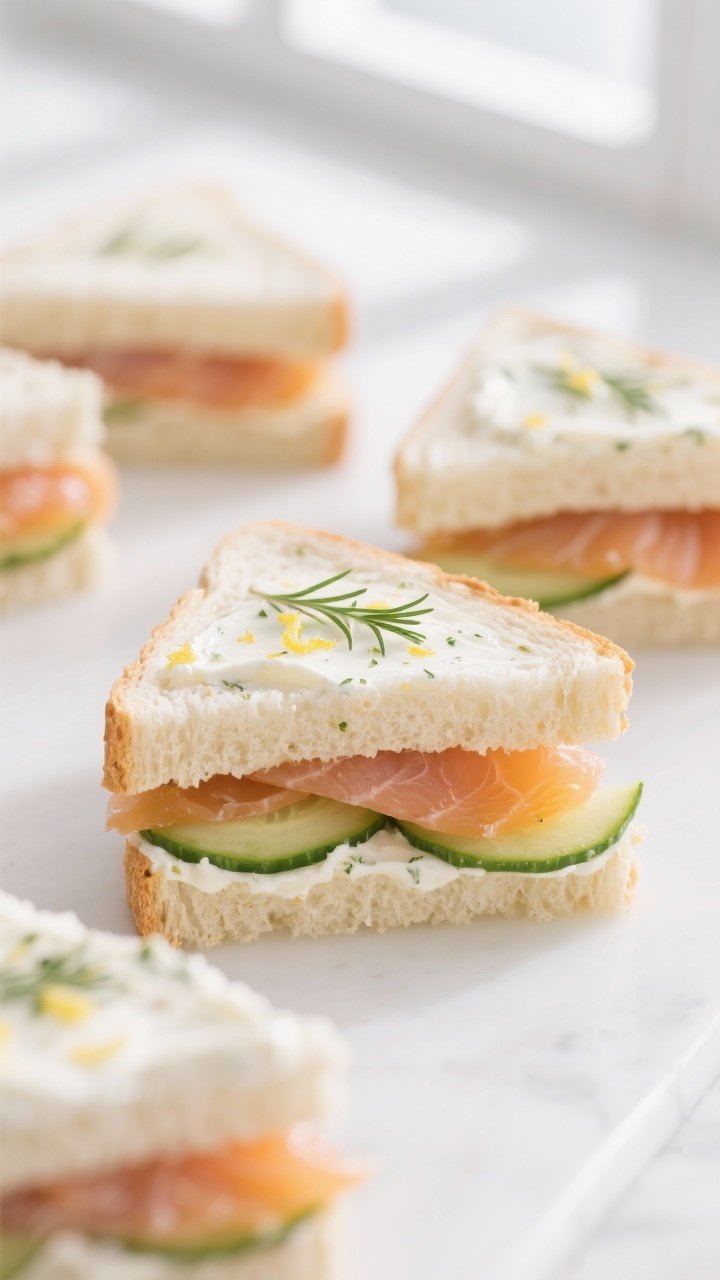 Close-up detail: A neat finger sandwich cross-section showing thin layers of smoked salmon and lemon