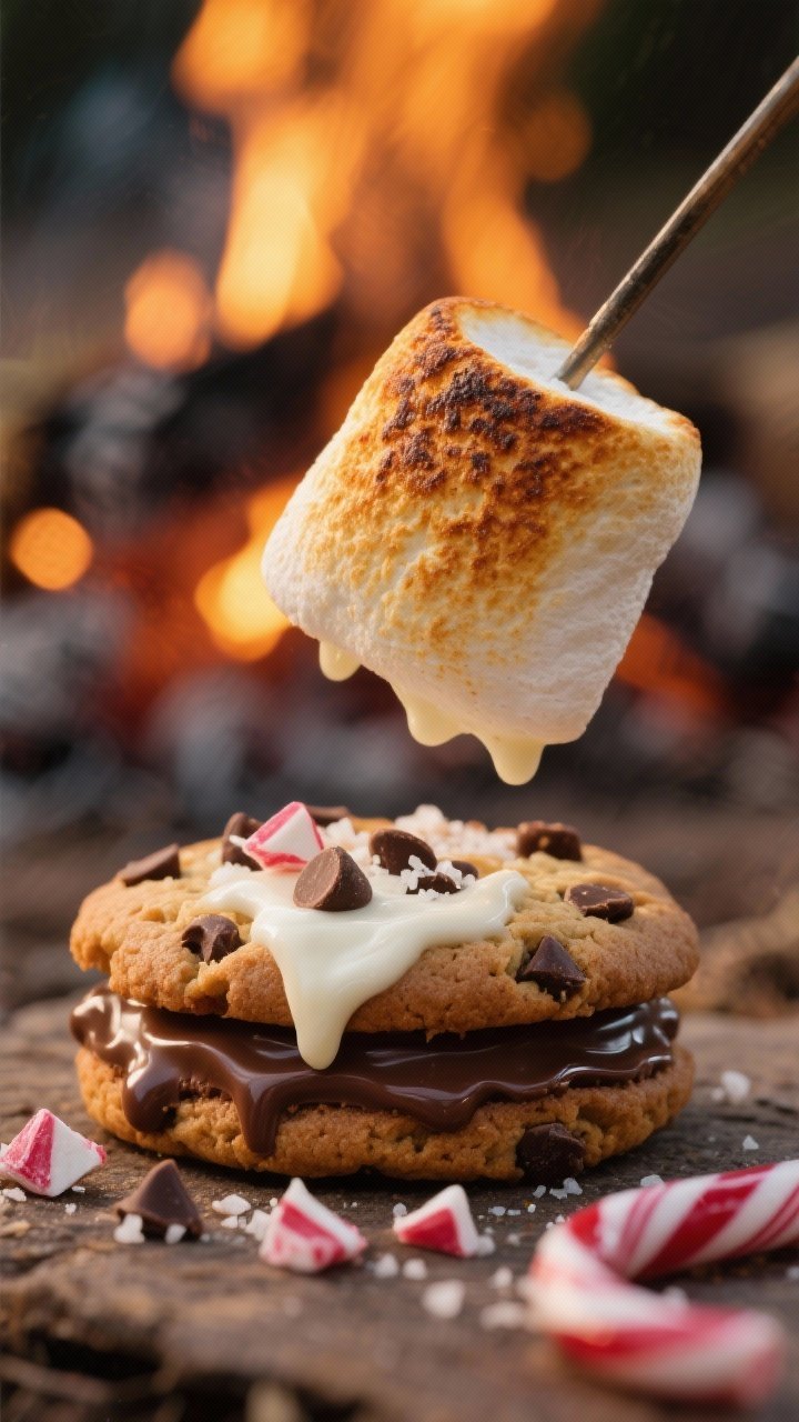 Close-up detail: A perfectly roasted golden-brown marshmallow just lifted from glowing coals, being 