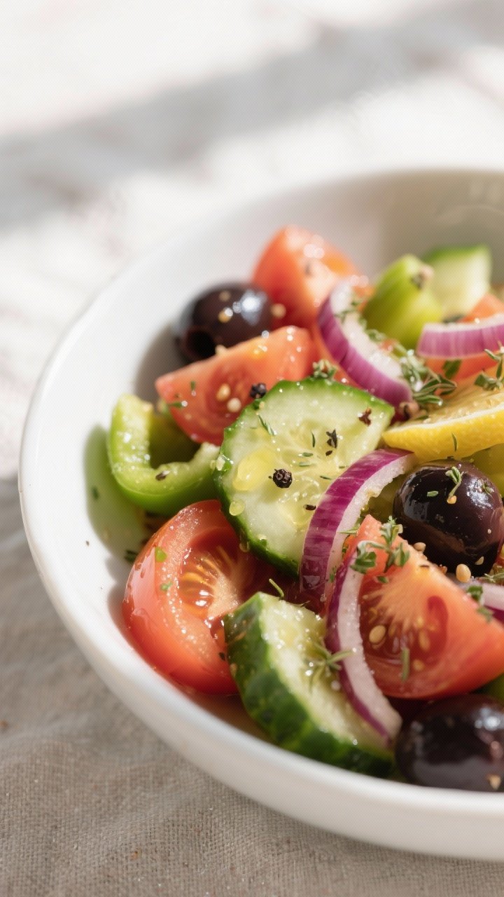 Close-up detail: A rustic Greek salad after tossing, showing chunky wedges of ripe tomatoes, crisp c