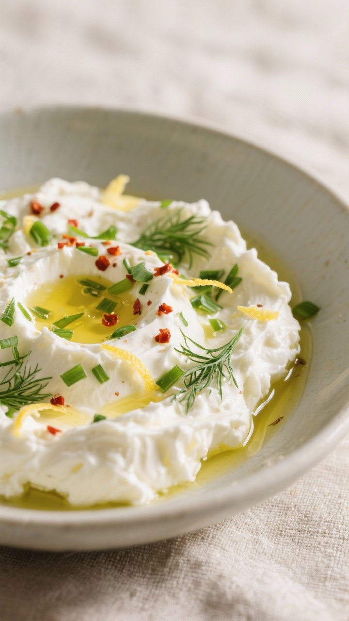 Close-up detail: A shallow bowl of herbed goat cheese freshly mixed and drizzled with extra-virgin o