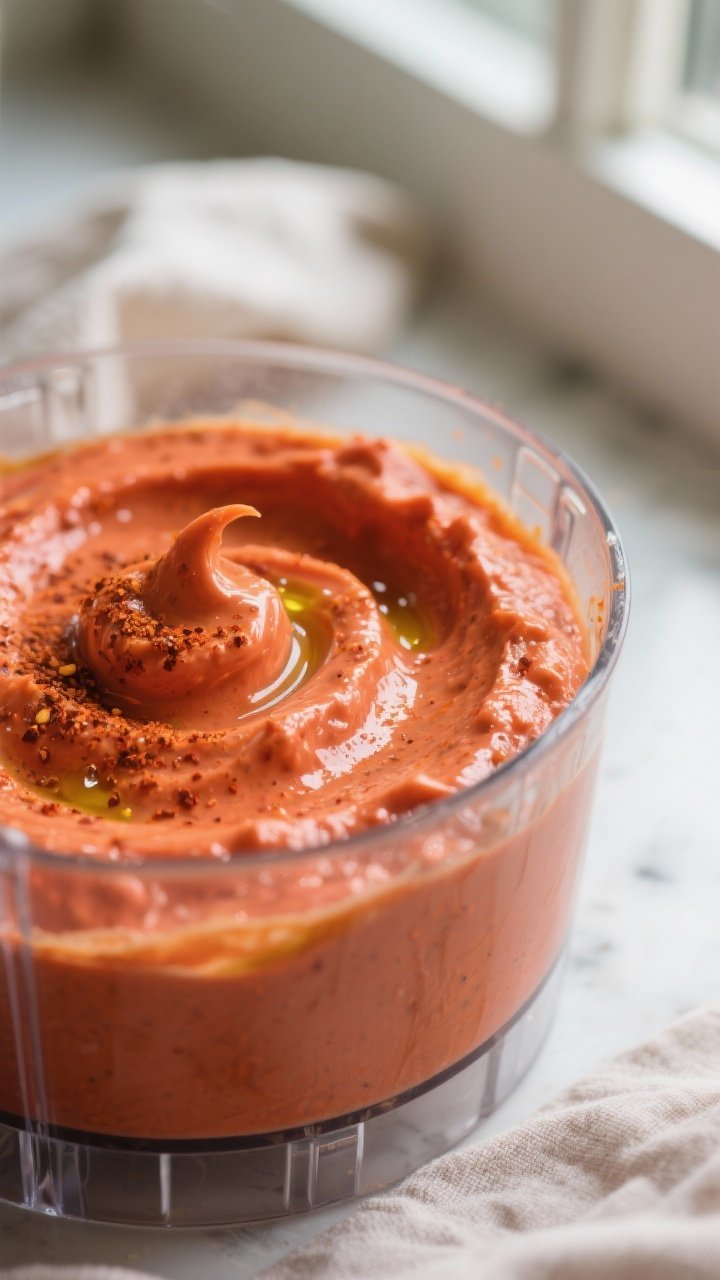 Close-up detail: A silky, freshly blended creamy red pepper veggie dip swirling in a glass food proc
