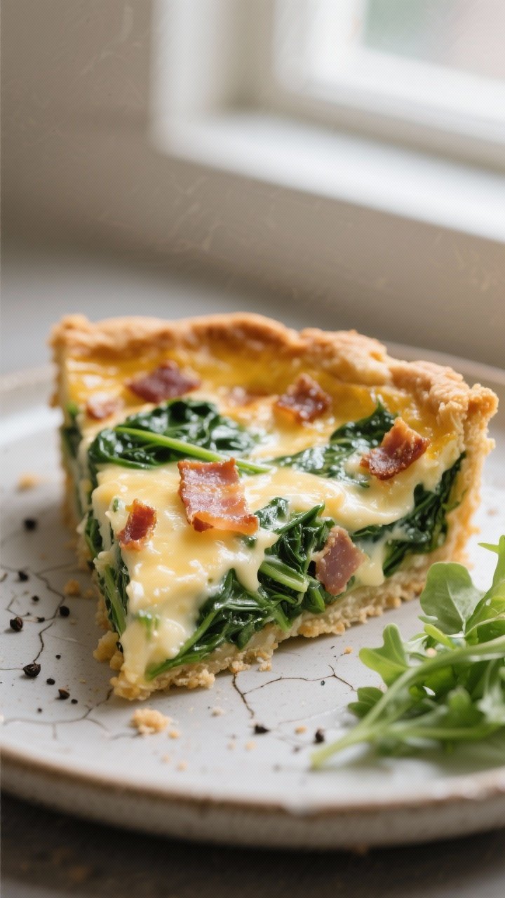 Close-up detail: A slice of Spinach and Gruyere quiche just cut, showing silky custard with fine cur