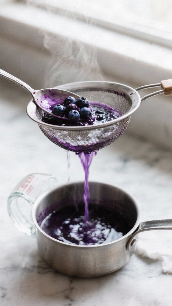 Close-up detail: A small saucepan of freshly simmered blueberry syrup being strained through a fine-