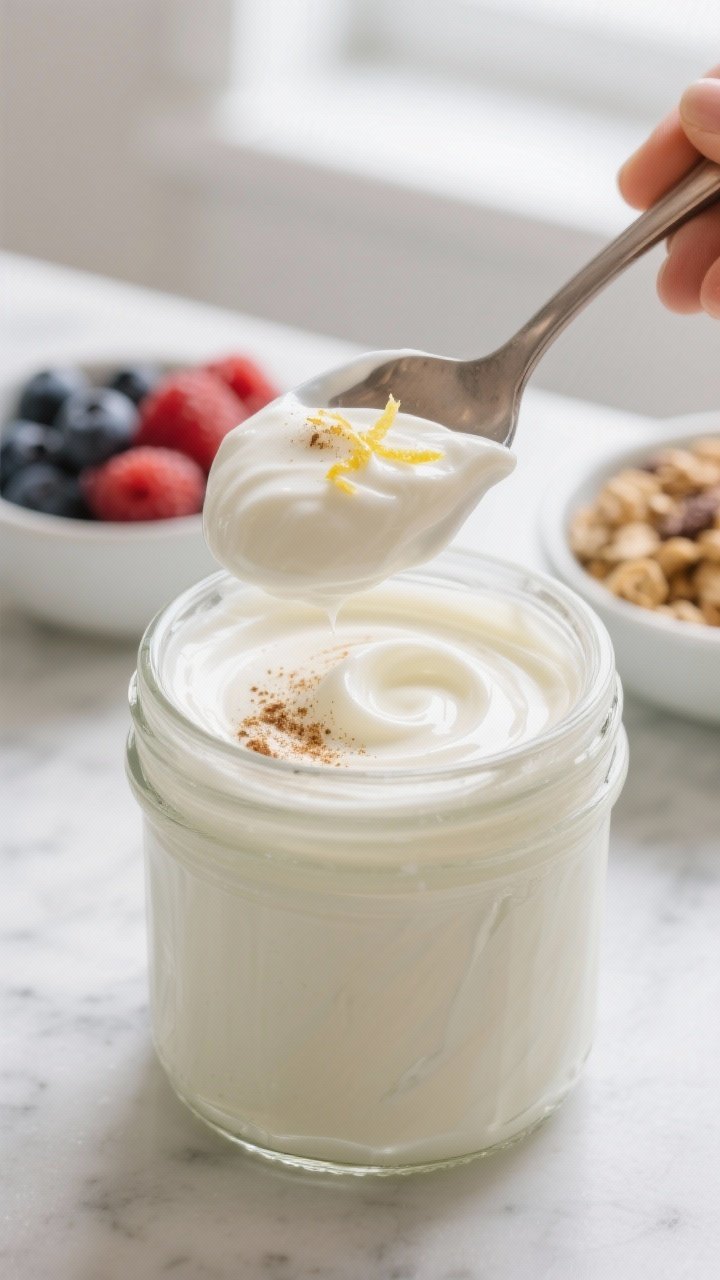 Close-up detail: A spoon gently smoothing a thick layer of vanilla Greek yogurt into the base of a c