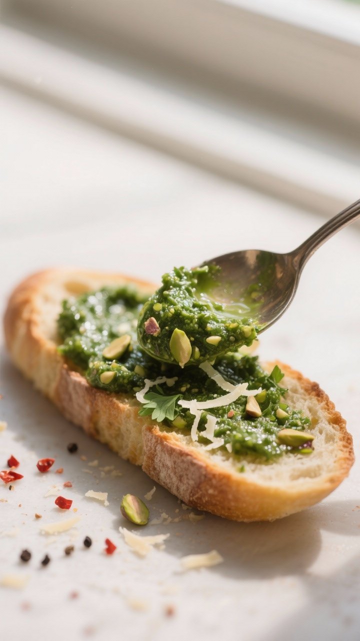 Close-up detail: A spoon spreading glossy cilantro pesto onto a warm, lightly toasted baguette slice