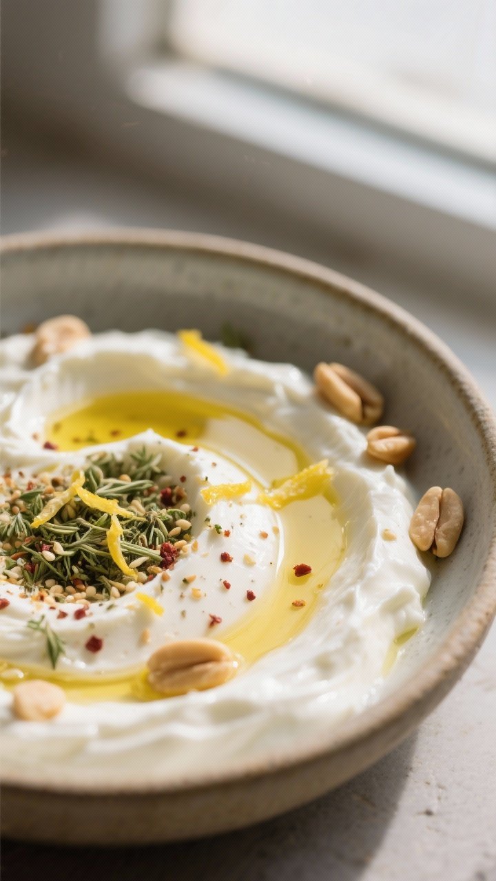 Close-up detail: A swoosh of creamy labneh in a shallow ceramic bowl, drizzled with golden olive oil