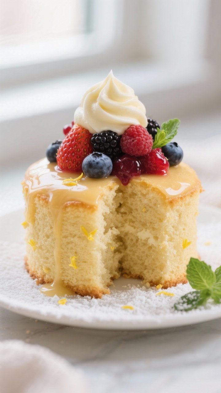Close-up detail: A tender, golden mini vanilla cake split open to reveal a soft, airy crumb, topped 