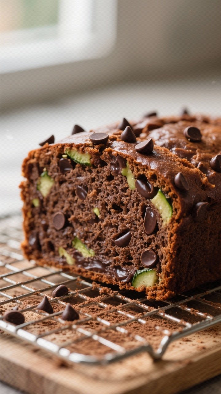 Close-up detail: A thick slice of baked chocolate zucchini bread on a cooling rack, showing a moist,