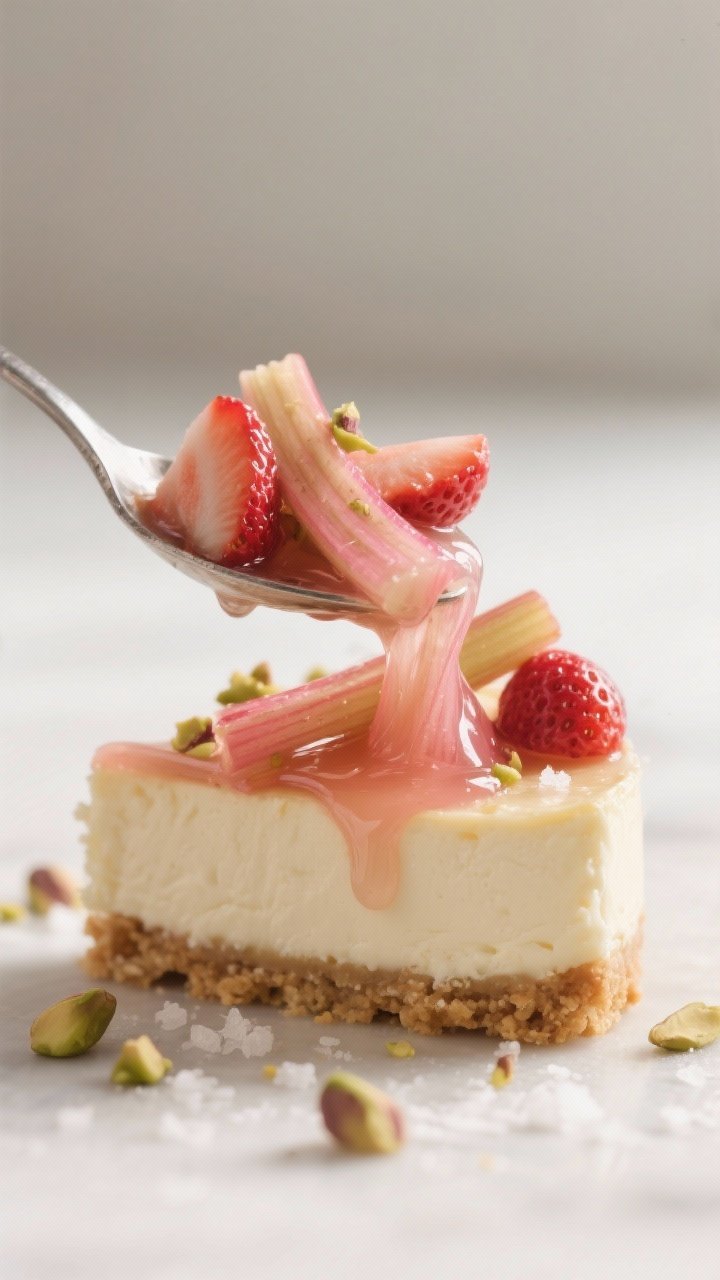 Close-up detail: A tight macro shot of glossy stewed rhubarb spooned over a chilled cheesecake bite,