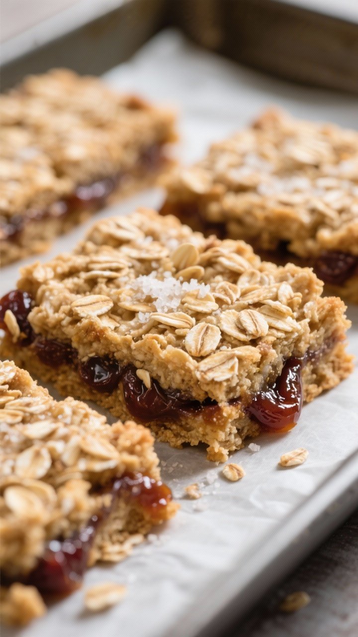 Close-up detail: A tight macro shot of the baked oatmeal date bars just out of the pan, showing the