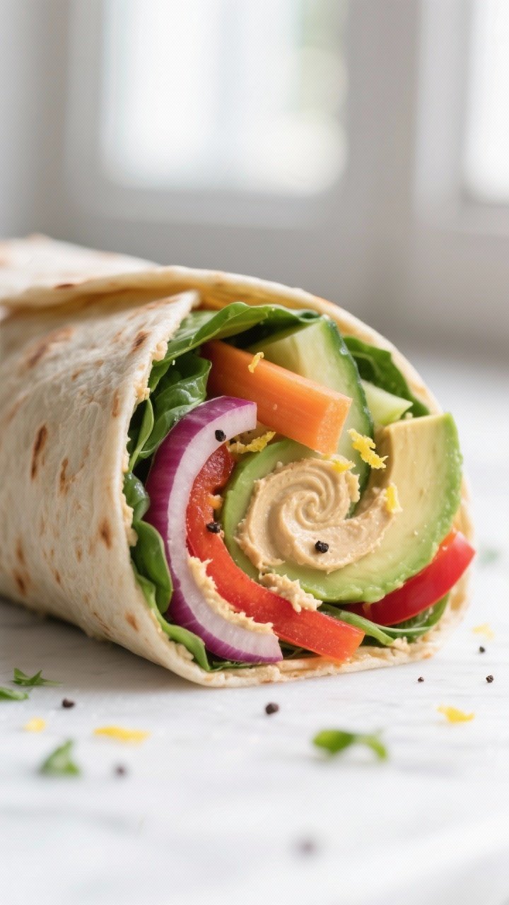 Close-up detail: A tightly rolled spinach hummus wrap sliced on a diagonal, showing creamy hummus sw