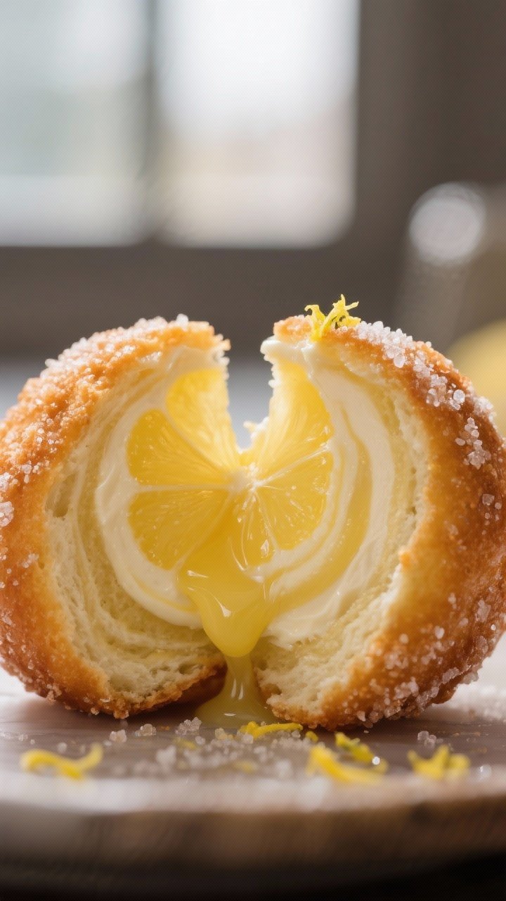 Close-up detail: A warm, just-fried doughnut split open to reveal a marbled swirl of silky lemon cur