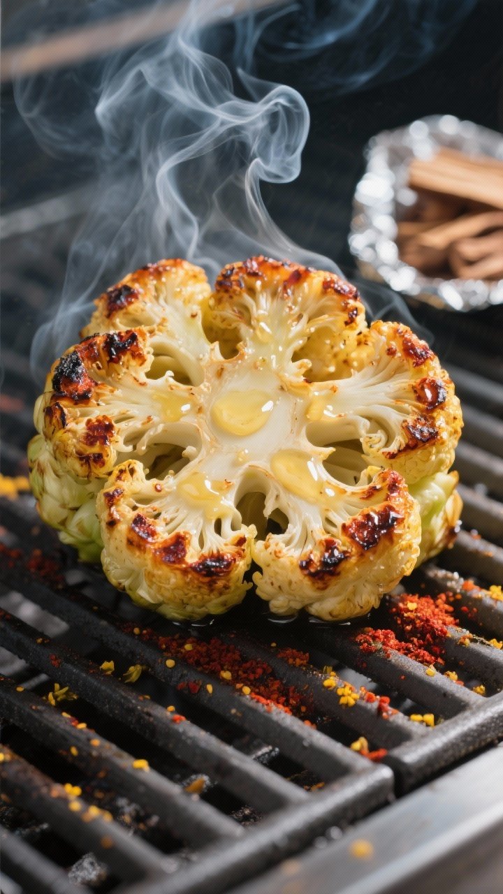Close-up detail: A whole smoked cauliflower on the grill’s cooler side, exterior lightly charred w
