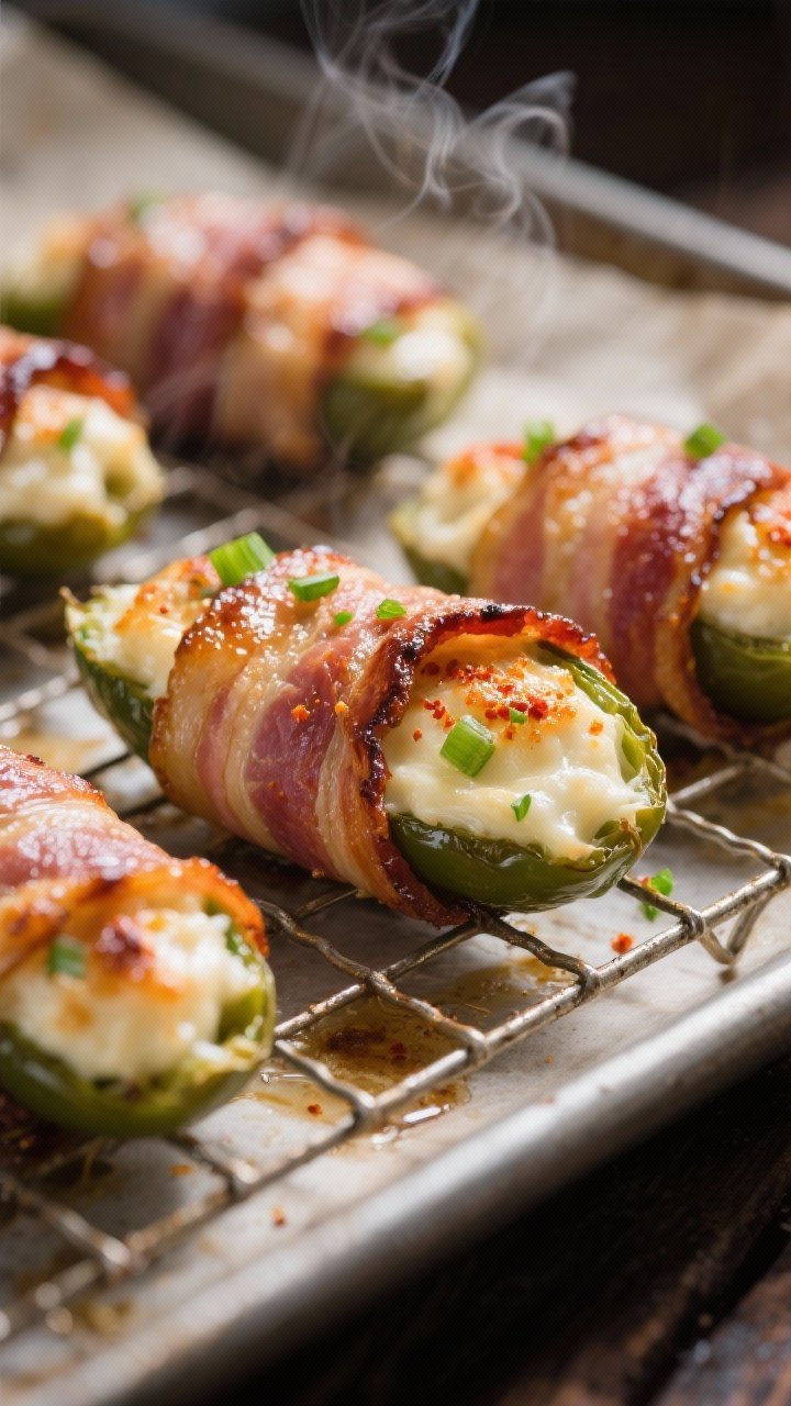 Close-up detail: Bacon-wrapped stuffed jalapenos just out of the oven on a wire rack, bacon rendered