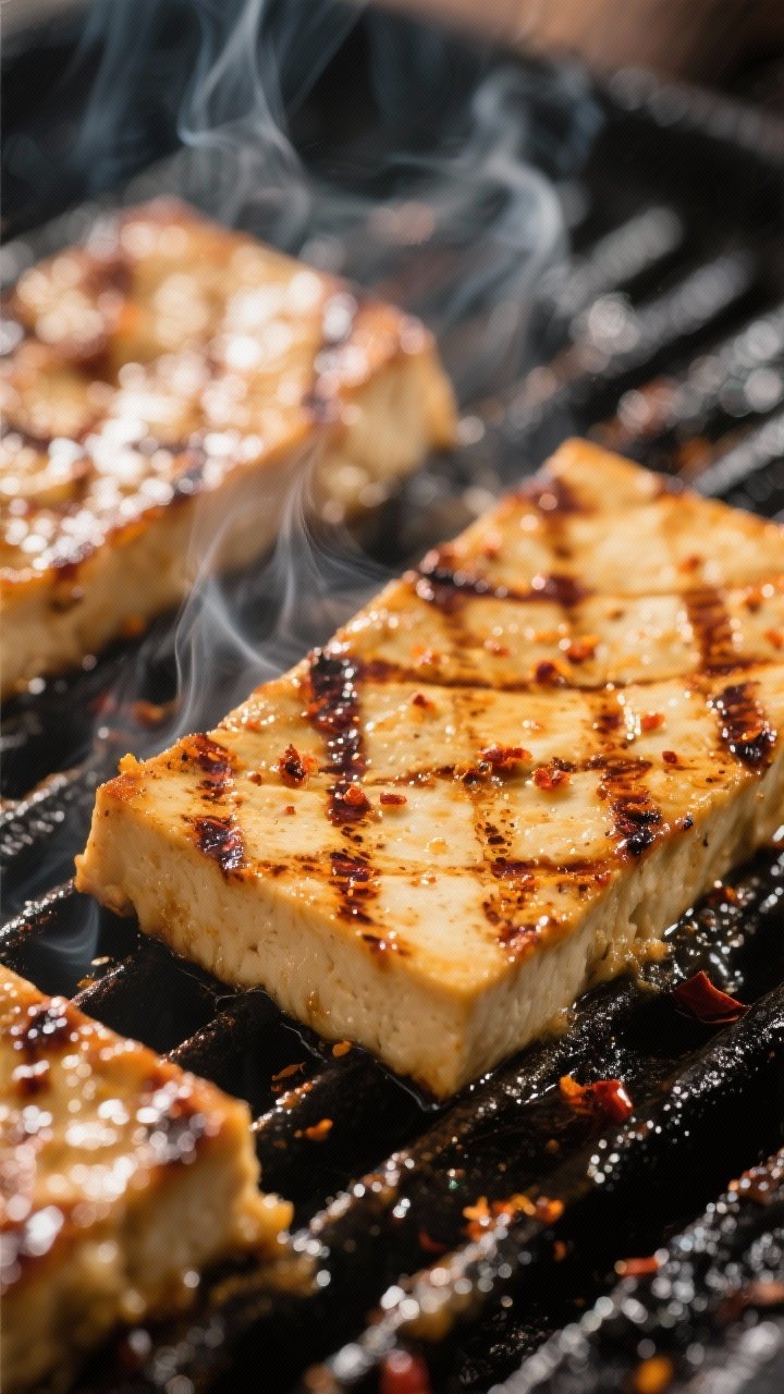 Close-up detail: Char-marked tofu steaks sizzling on a hot, well-oiled grill grate, highlighting car