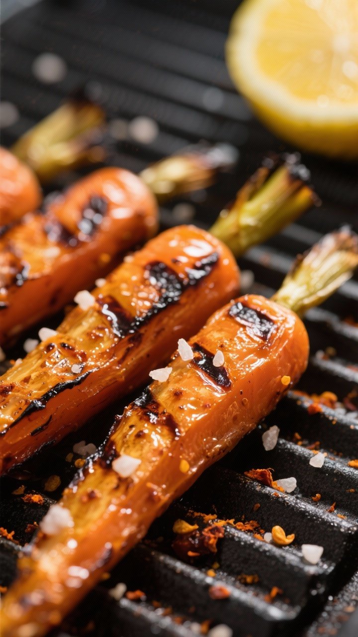 Close-up detail: Charred barbecue-grilled carrots just off the grates, showing smoky blistered edges