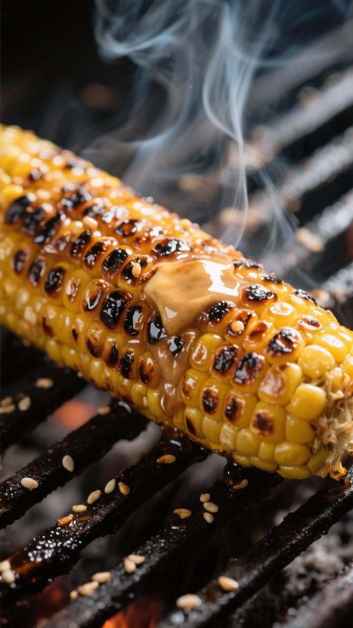 Close-up detail: Charred corn on the cob on a hot grill grate during the last 2 minutes, kernels bli