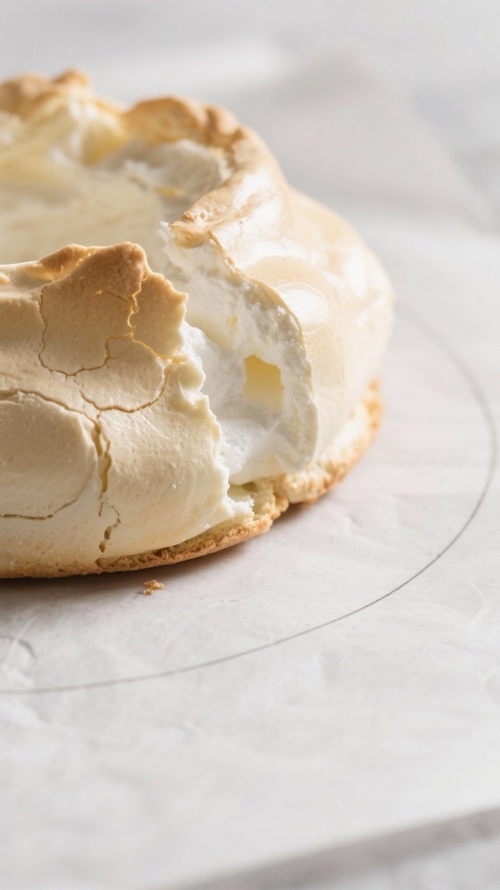 Close-up detail: Crisp, pale-gold pavlova shell just out of the oven, showing glossy, crackled exter