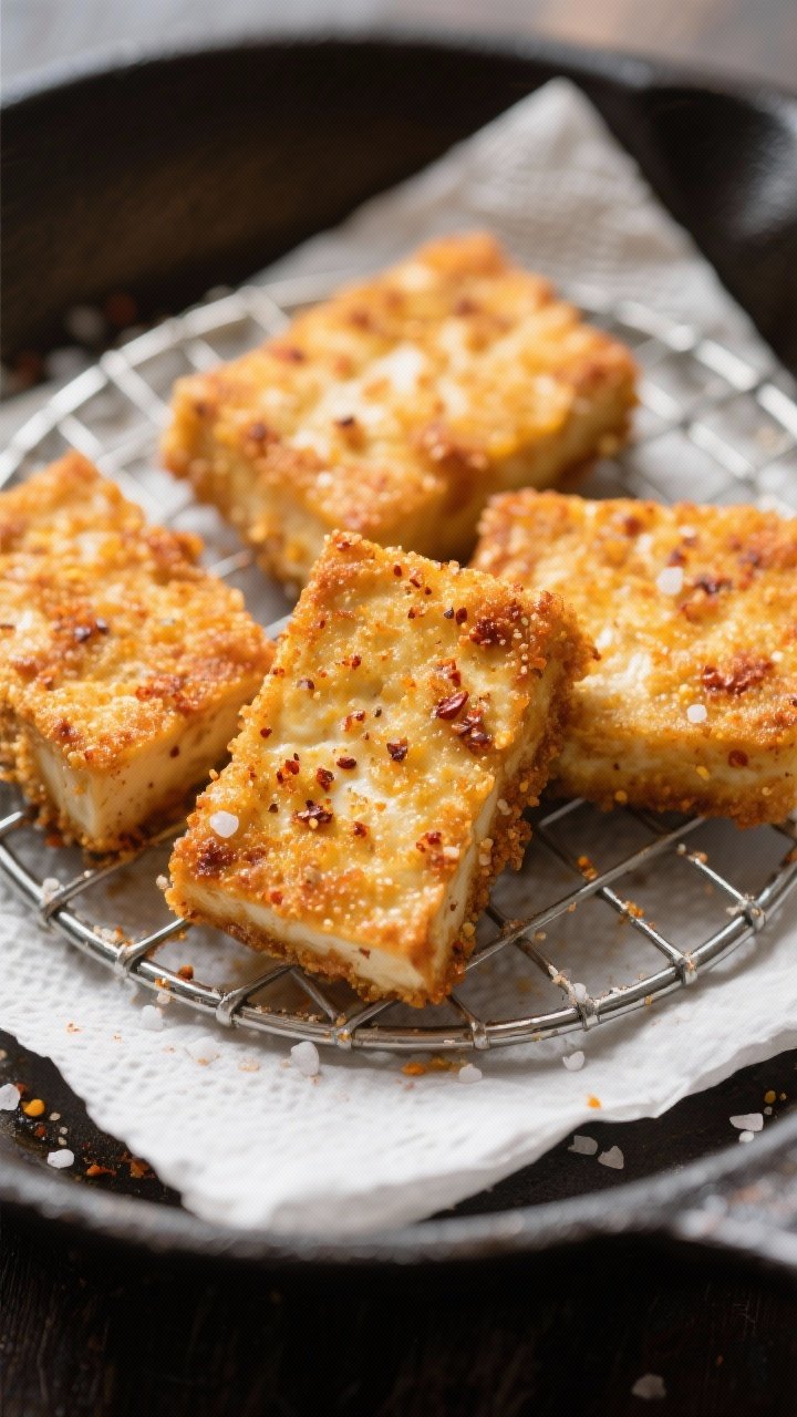 Close-up detail: Crispy cornmeal-and-flour–dredged tofu just out of the skillet, golden and shatte