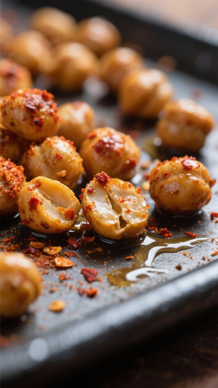 Close-up detail: Crispy roasted chickpeas fresh from the oven, coated in smoked paprika, cumin, and