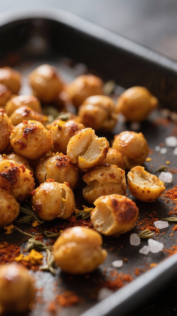 Close-up detail: Crispy spiced chickpeas just out of the oven, golden and blistered with visible cum