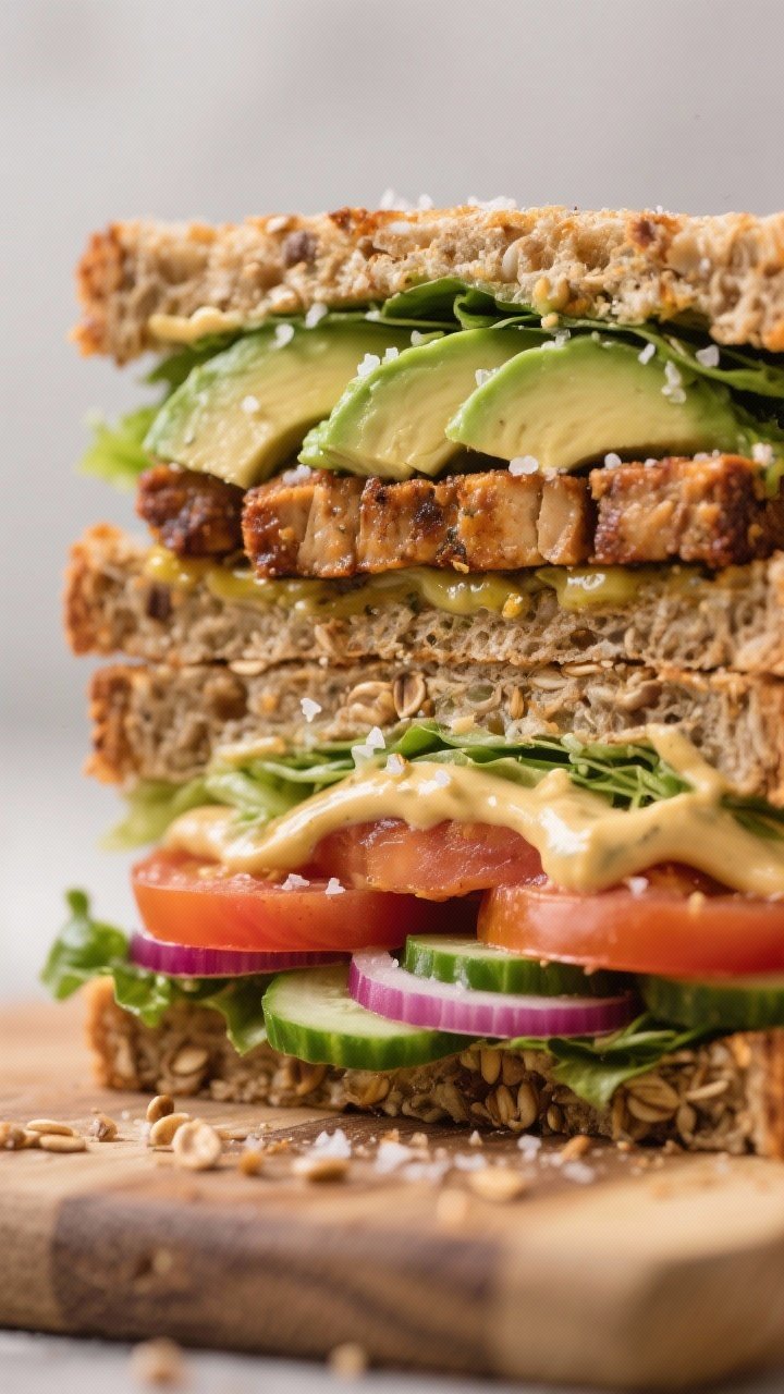 Close-up detail: Cross-section of a stacked vegetarian club sandwich slice showing three toasted mul