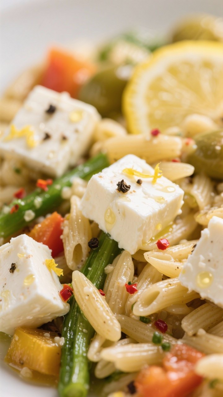 Close-up detail: Folded-in feta cubes nestled among the dressed orzo and vegetables, with micro-bead