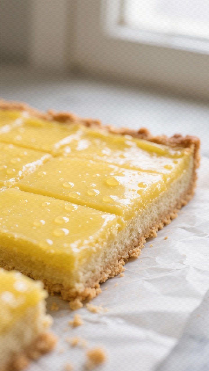 Close-up detail: Freshly baked lemon bars slab just out of the oven, filling set and matte with tiny