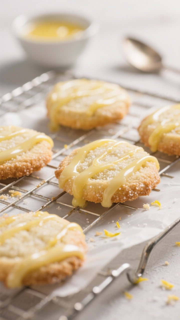 Close-up detail: Freshly baked lemon cookies cooling on a wire rack, edges just turning lightly gold