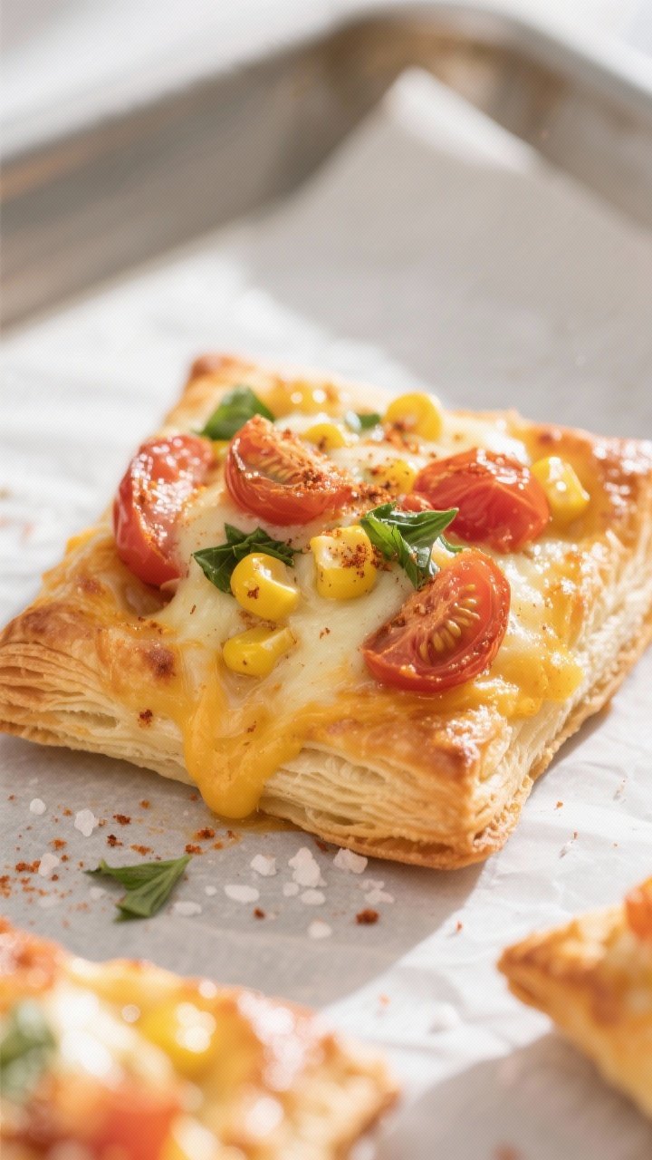 Close-up detail: Freshly baked tomato and corn cheesy pastry bite just out of the oven, puff pastry 