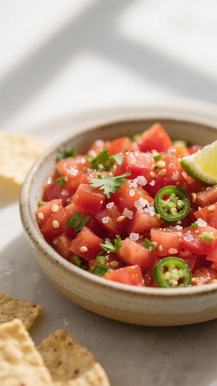 Close-up detail: Freshly mixed Roma tomato salsa in a ceramic bowl, finely diced seeded tomatoes gli