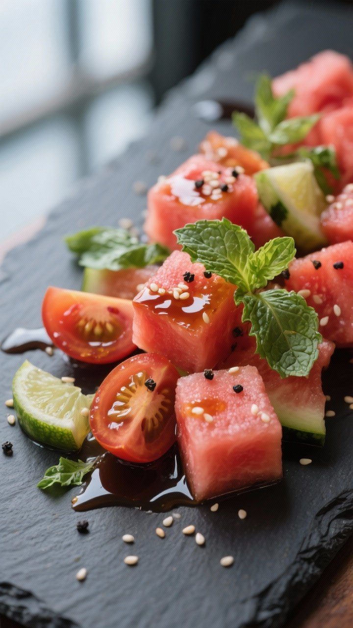 Close-up detail: Glazed cubes of chilled watermelon and juicy heirloom tomato wedges lightly coated 