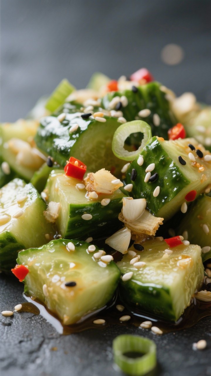 Close-up detail: Glossy Asian-style cucumber pickles just after tossing, smashed cucumber chunks gli