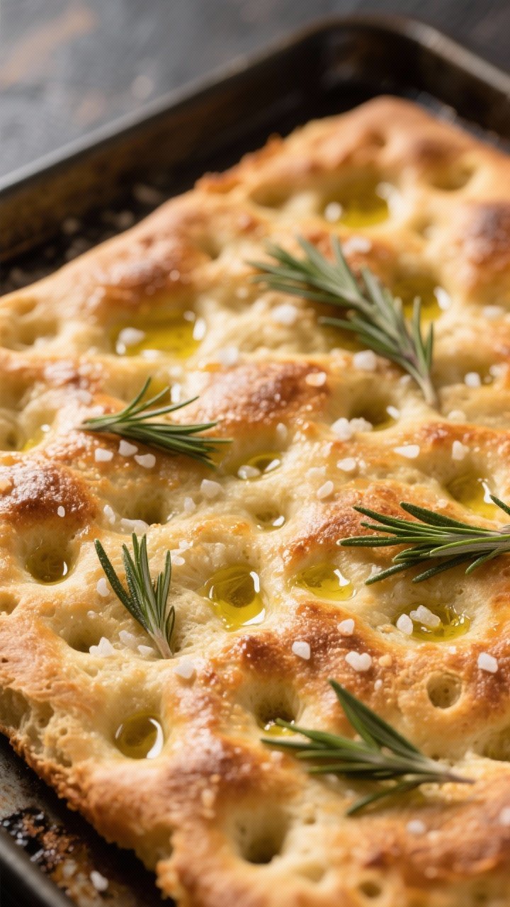 Close-up detail: Golden-baked focaccia just out of the oven, showing deep, glossy olive-oil dimples