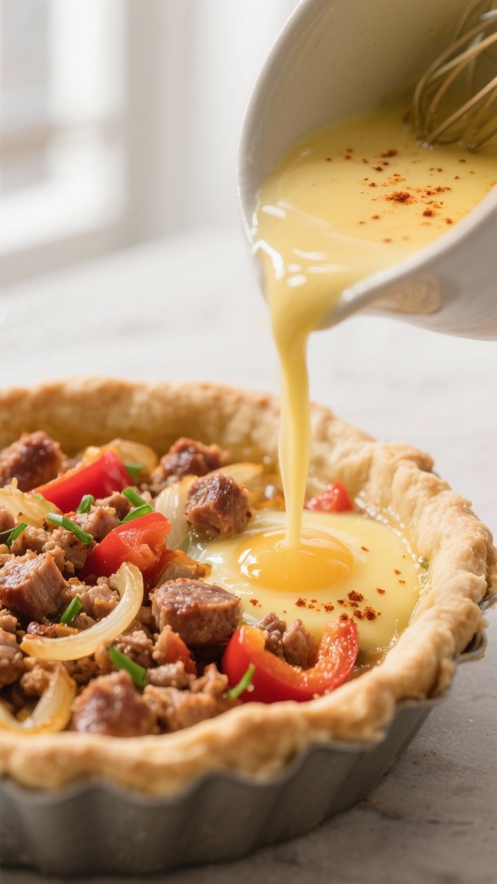 Close-up detail: Golden-brown pork sausage crumbles nestled with sautéed onions and red bell pepper