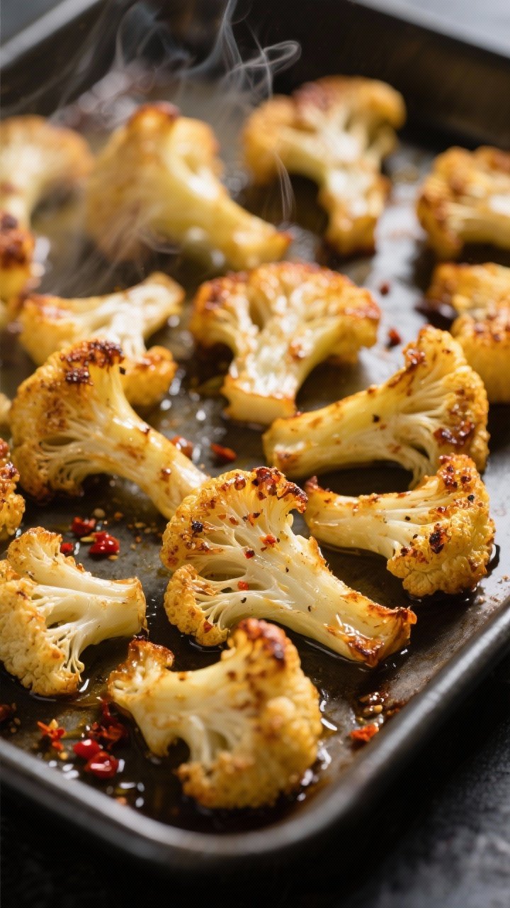 Close-up detail: Golden, oven-roasted cauliflower florets just after flipping on a preheated sheet p