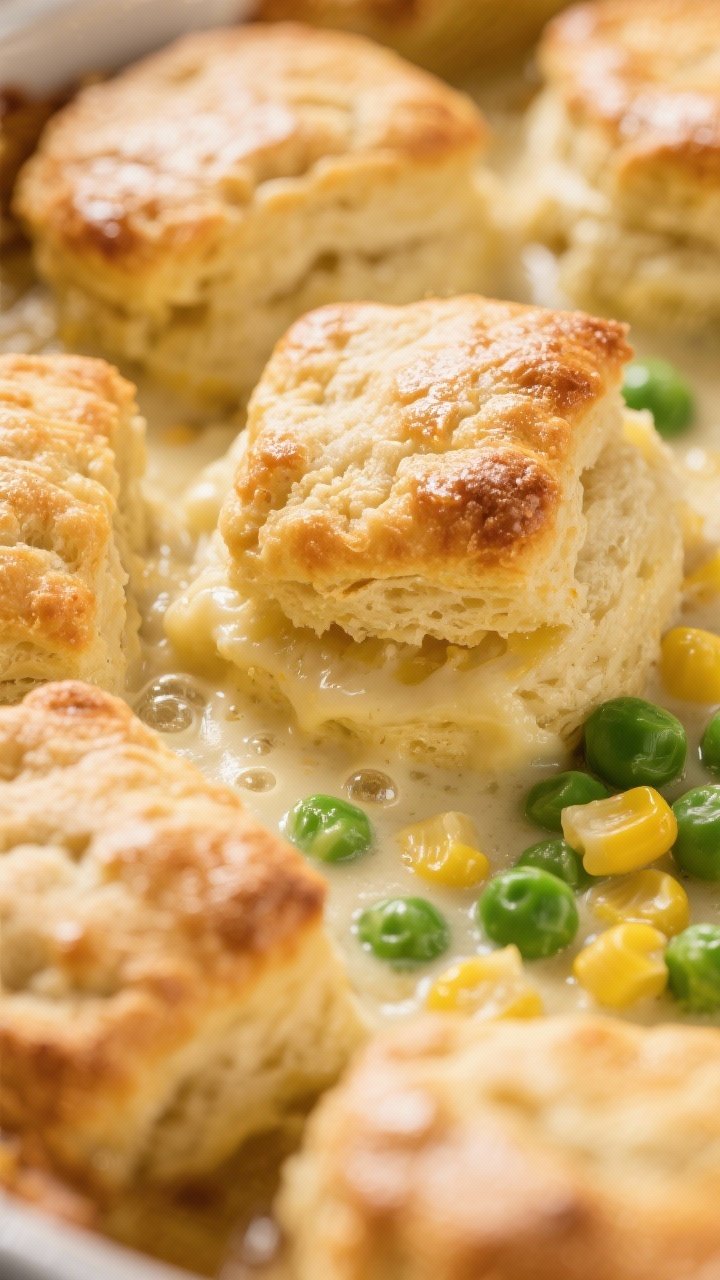 Close-up detail: Golden, puffed biscuit topping just out of the oven, edges crisp and flaky with vis