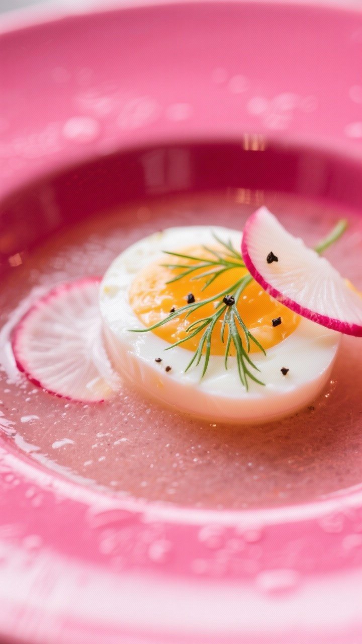 Close-up detail: Jammy egg halved and nestled into chilled chlodnik, with delicate wisps of fresh di