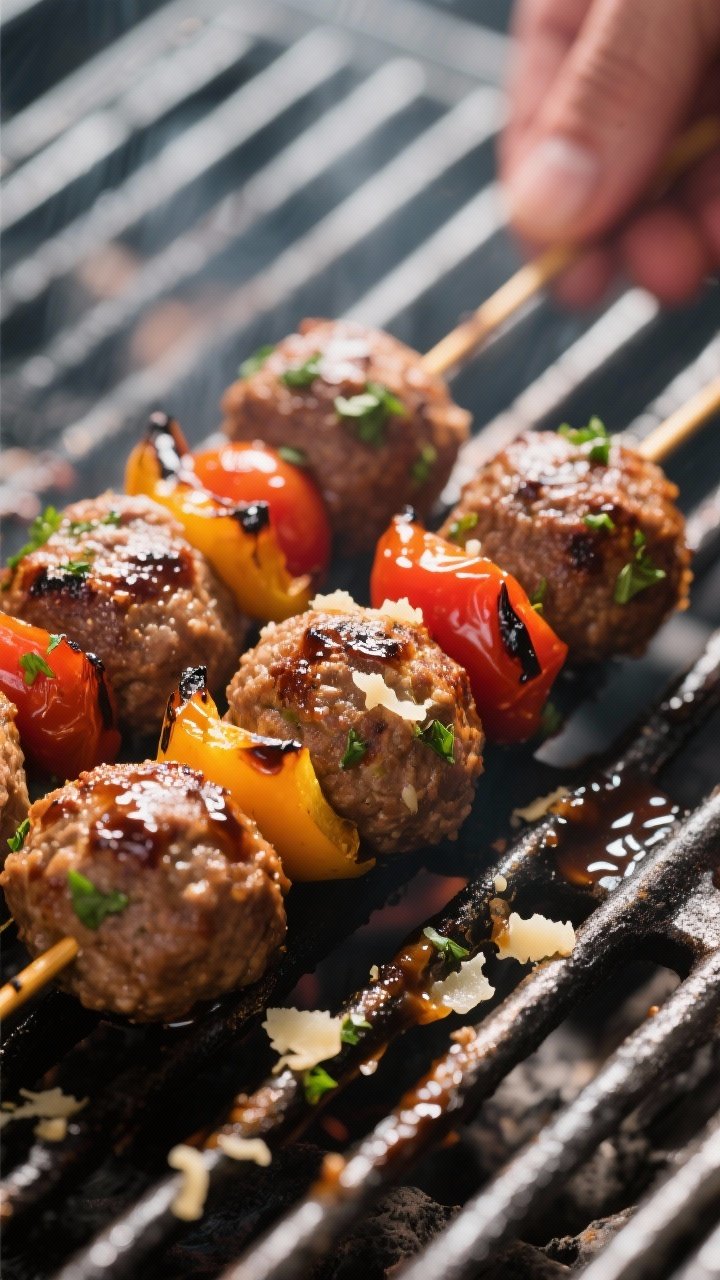Close-up detail: Juicy Italian meatball kabobs sizzling on the grill, caramelized edges on the meatb