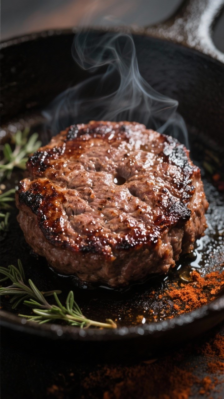 Close-up detail: Juicy lamb slider patty sizzling in a cast-iron skillet, deep brown sear with visib