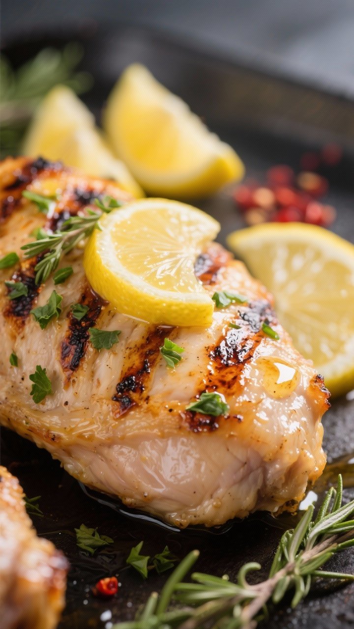 Close-up detail: Juicy lemon and herb grilled chicken thigh resting after cooking, glistening with a