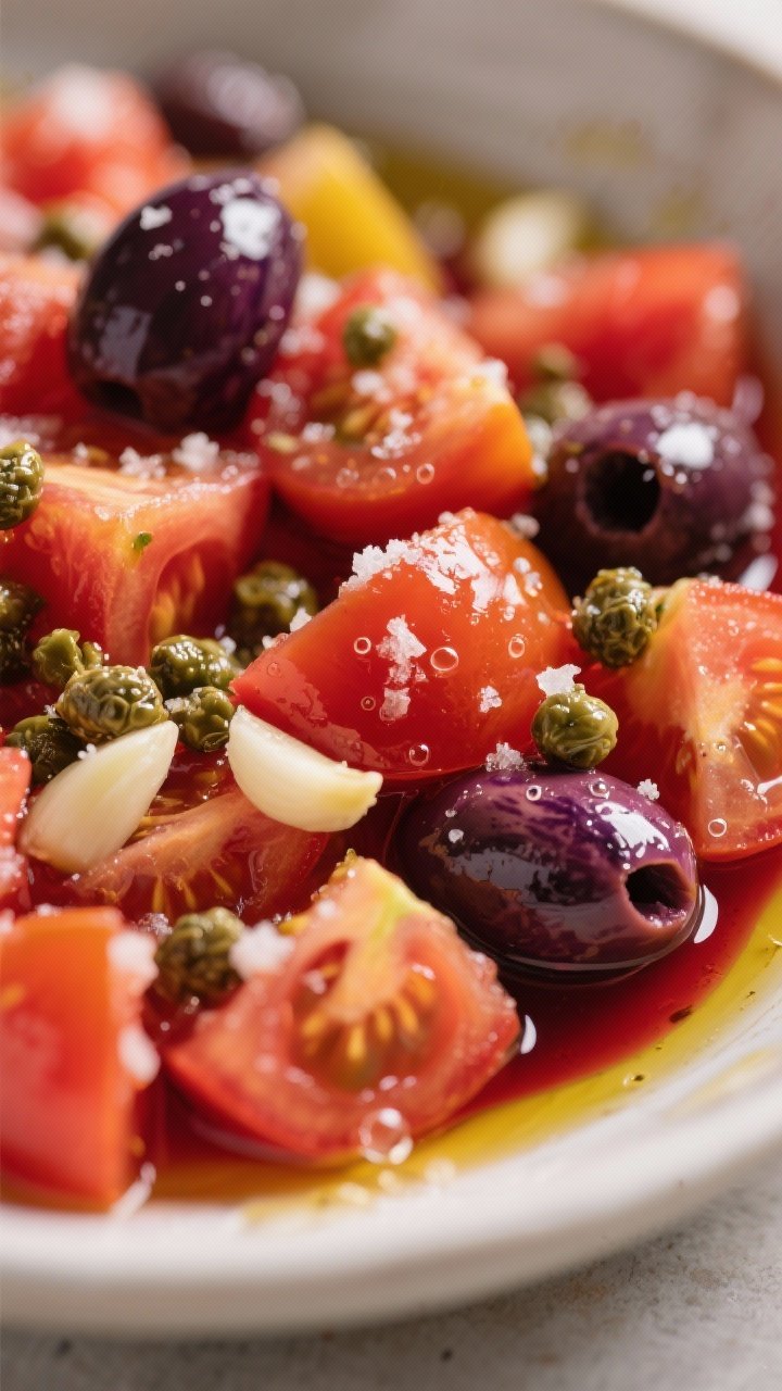 Close-up detail: Juicy salted heirloom tomato chunks releasing their juices in a bowl, mingling with