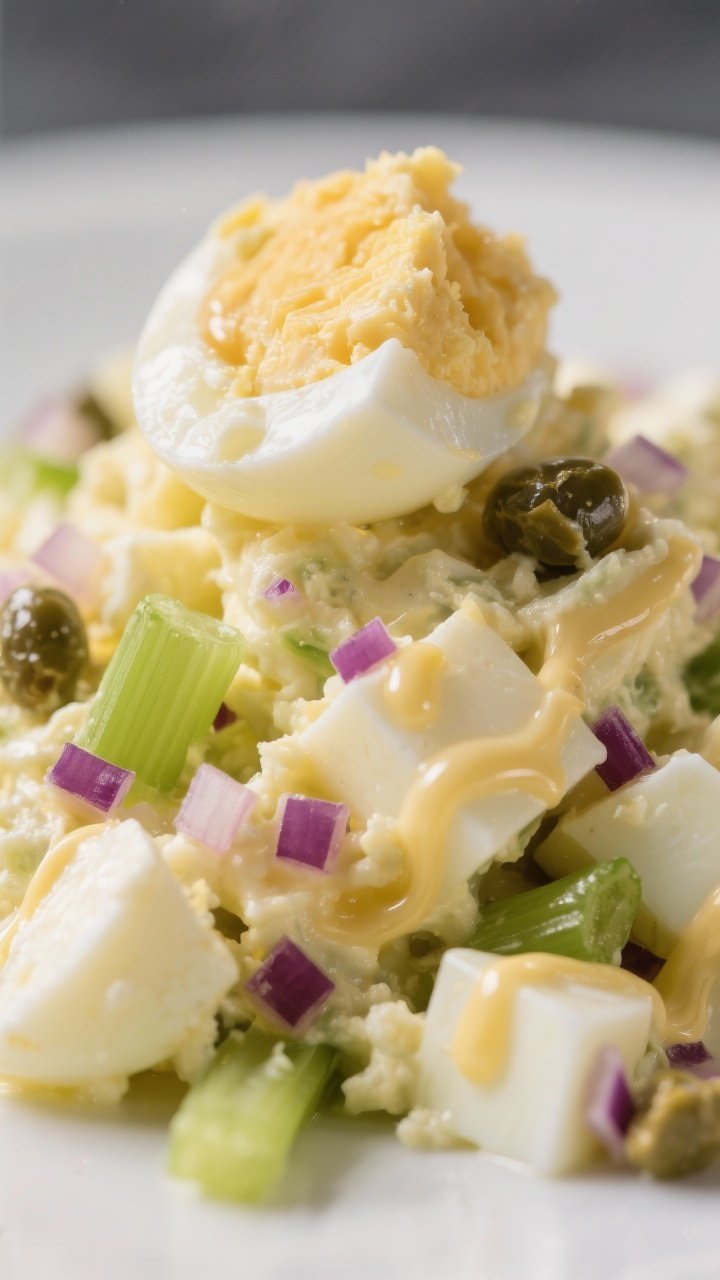 Close-up detail — macro shot of the egg salad texture: tender diced egg with one mashed portion cr