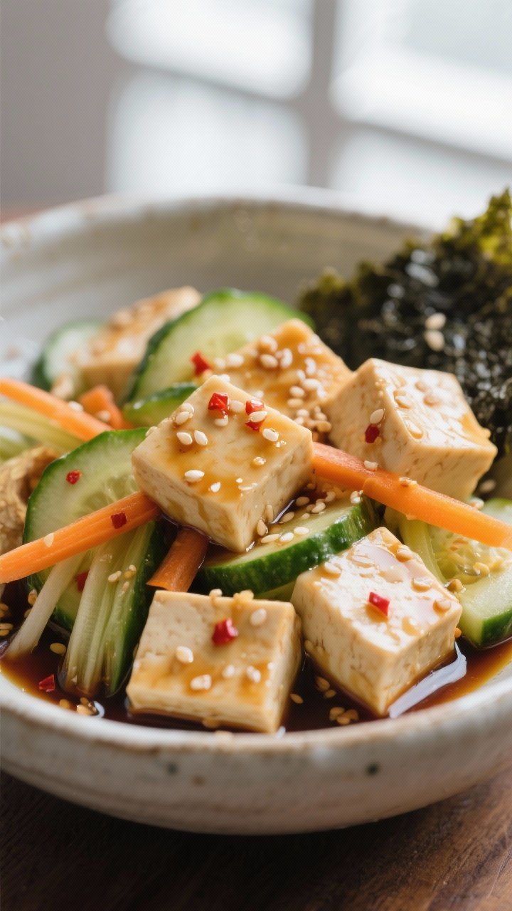 Close-up detail: Marinated firm tofu cubes glistening in a soy-citrus-sesame dressing with visible g