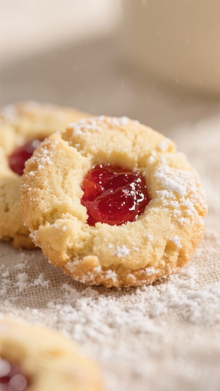 Close-up detail: Melt-in-your-mouth butter thumbprint cookie just out of the second bake, glossy ras