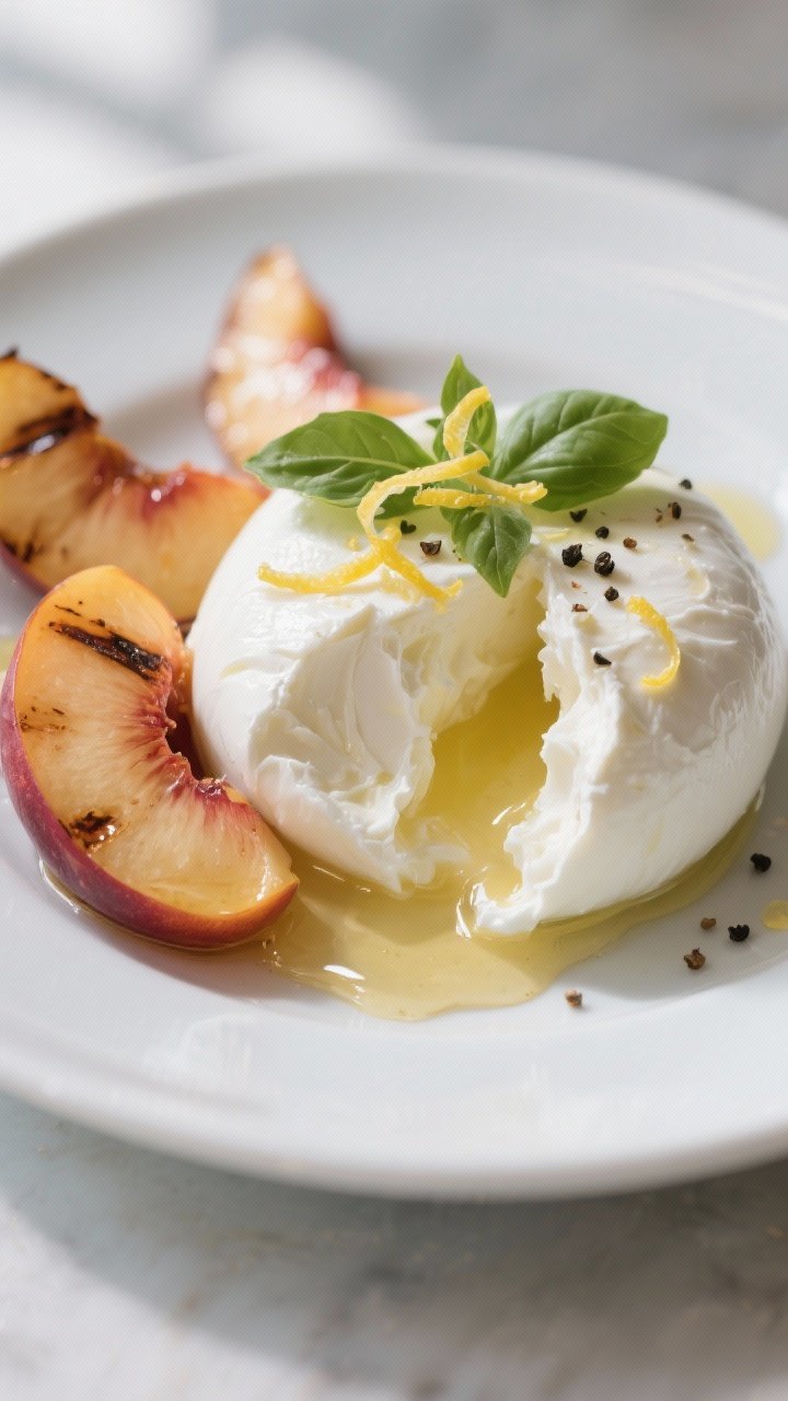 Close-up detail of burrata and nectarines: Extreme close-up of torn burrata with its creamy center s