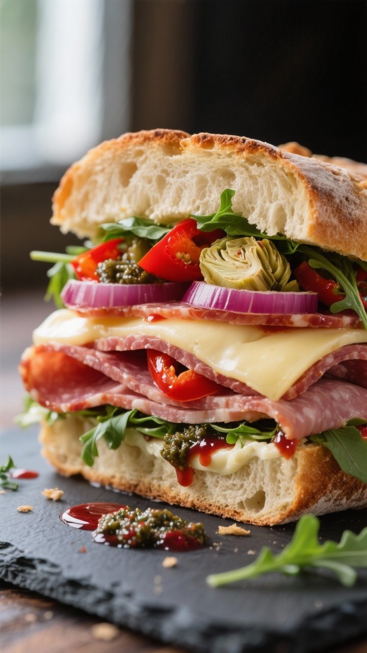 Close-up detail: Pressed Italian sandwich cross-section after chilling, showing tightly compressed l