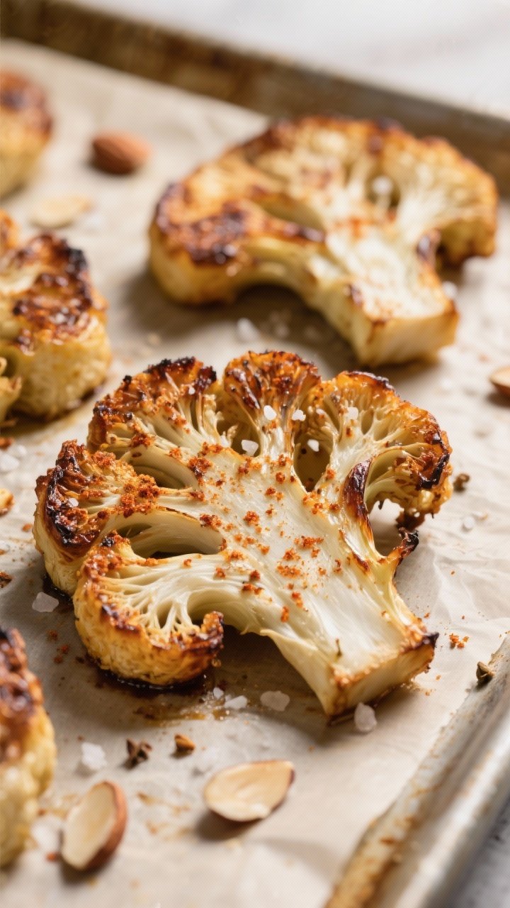 Close-up detail: Roasted cauliflower steaks fresh from the oven with deeply browned, crispy edges an